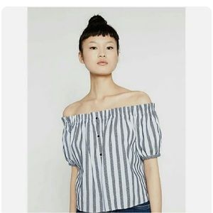 Zara Trafaluc Woman Top M White Crop Off Shoulder Bardot Blue Textured Stripe S